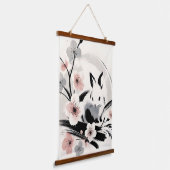Minimalist Zen Ink Bunny Cherry Blossoms 吊り下げ型タペストリー (傾斜あり)