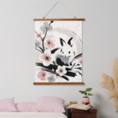 Minimalist Zen Ink Bunny Cherry Blossoms 吊り下げ型タペストリー (寝室)