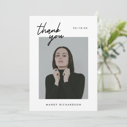 Minimalistic 2-Photo Black White Script Graduation サンキューカード (スタンド正面)
