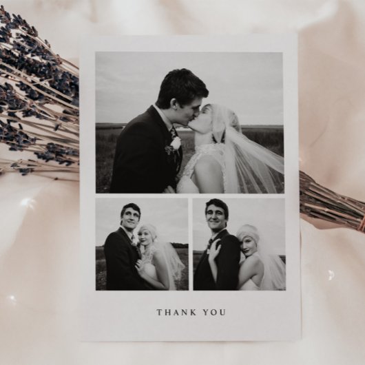 Minimalistic 3-Photo Wedding Black & White サンキューカード