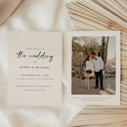 Minimalistic Beige Script Wedding Photo 招待状
