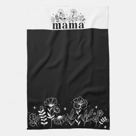 Minimalistic Black & White Wildflower Mama キッチンタオル (縦)