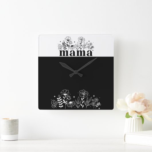 Minimalistic Black & White Wildflower Mama  スクエア壁時計 (ホーム)
