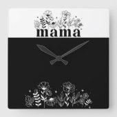 Minimalistic Black & White Wildflower Mama  スクエア壁時計 (正面)