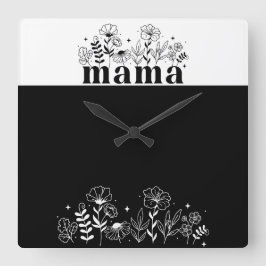 Minimalistic Black & White Wildflower Mama  スクエア壁時計