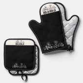 Minimalistic Black & White Wildflower Mama 鍋つかみ&鍋敷きセット (正面/裏面)