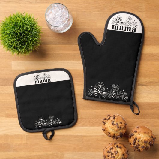 Minimalistic Black & White Wildflower Mama 鍋つかみ&鍋敷きセット (トップダウン)