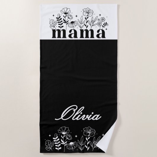 Minimalistic Black & White Wildflower Mama Custom ビーチタオル (正面)