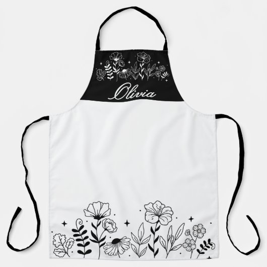 Minimalistic Black & White Wildflower Name Custom エプロン (正面)