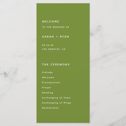 Minimalistic Dark Olive Green Wedding Ceremony プログラム (正面)