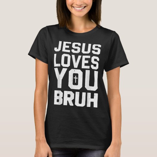 Minimalistic Jesus Love You Bruh Funny Christian Y Tシャツ (正面)