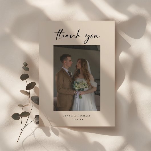 Minimalistic Modern Beige Script Wedding Photo サンキューカード