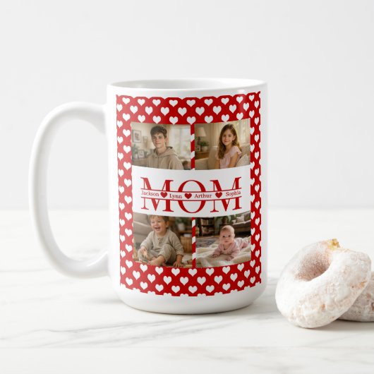 Minimalistic Red Heart Mom Custom 4-Photo Keepsake コーヒーマグカップ (ドーナツ)