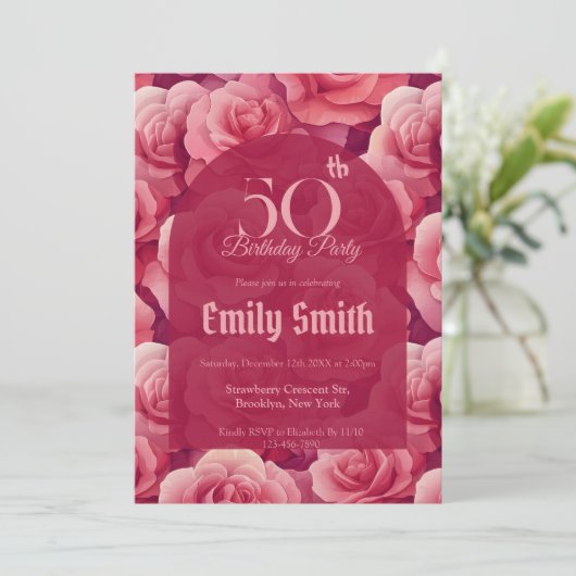 Minimalistic Rose Floral 50Th Birthday 招待状 (スタンド正面)