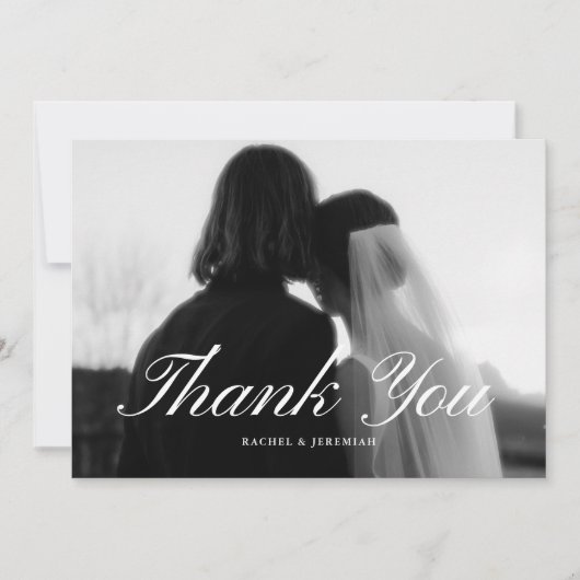 Minimalistic Script 4-Photo Black & White Wedding サンキューカード (正面)