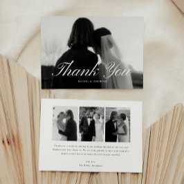 Minimalistic Script 4-Photo Black & White Wedding サンキューカード