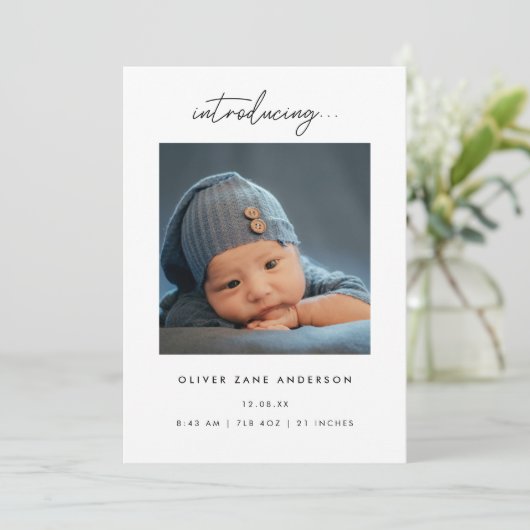 Minimalistic Script 5-Photo Collage Baby Birth 案内状 (スタンド正面)