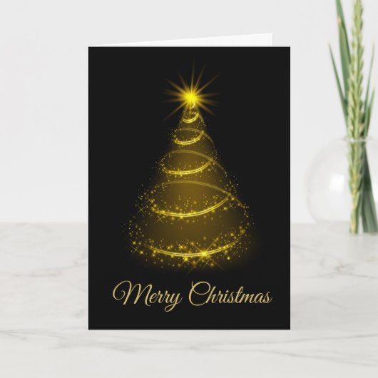 Minimalistic Script Black & Gold Christmas Tree カード (正面)
