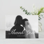 Minimalistic Script Black & White Wedding Photo サンキューカード (スタンド正面)