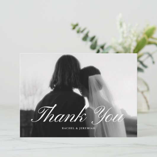 Minimalistic Script Black & White Wedding Photo サンキューカード (スタンド正面)