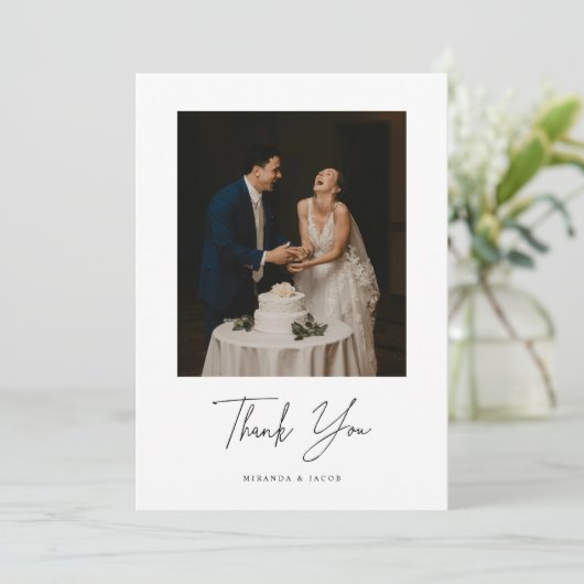 Minimalistic Script Lettering Wedding Photo サンキューカード (スタンド正面)