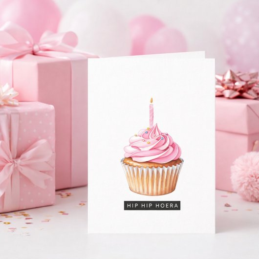 Minimalistische Hip Hip Hoera Roze Cupcake Jarig  カード