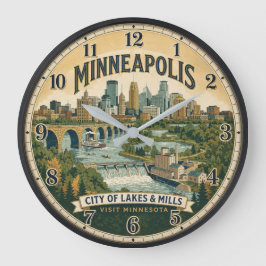 Minneapolis Minnesota City of Lakes Travel Poster ラージ壁時計