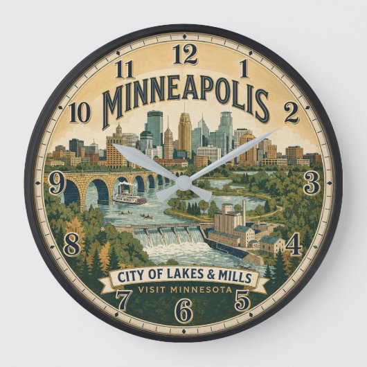 Minneapolis Minnesota City of Lakes Travel Poster ラージ壁時計 (正面)