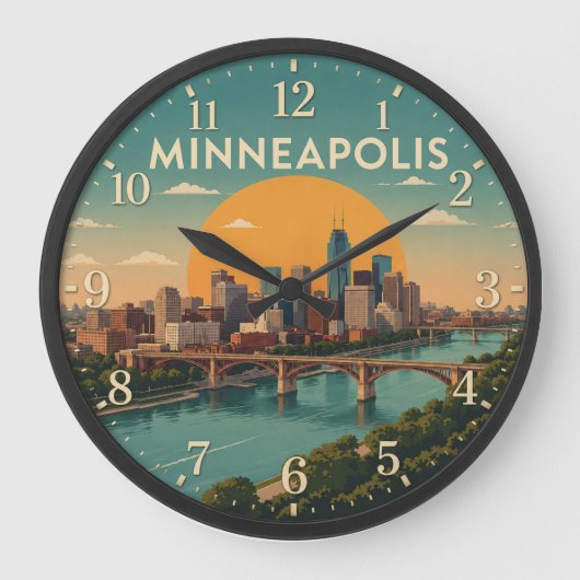 Minneapolis Minnesota Skyline Mississippi River ラージ壁時計 (正面)