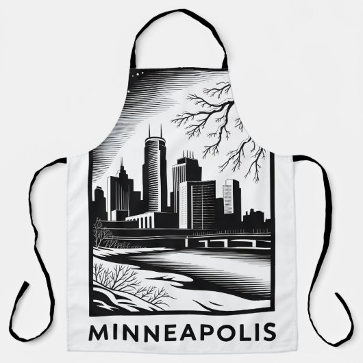 Minneapolis Skyline Black and White Woodcut Winter エプロン (正面)