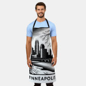 Minneapolis Skyline Black and White Woodcut Winter エプロン (着用した状態)