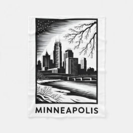 Minneapolis Skyline Black and White Woodcut Winter フリースブランケット