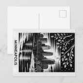 Minneapolis Skyline Black and White Woodcut Winter ポストカード (正面/裏面)