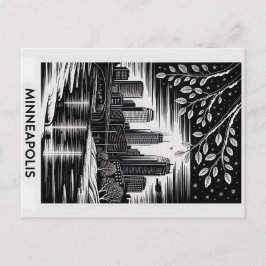 Minneapolis Skyline Black and White Woodcut Winter ポストカード