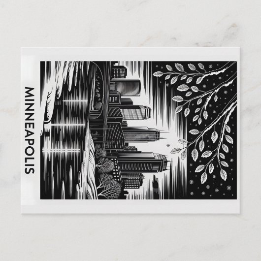 Minneapolis Skyline Black and White Woodcut Winter ポストカード (正面)