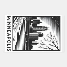 Minneapolis Skyline Black and White Woodcut Winter 長方形シール