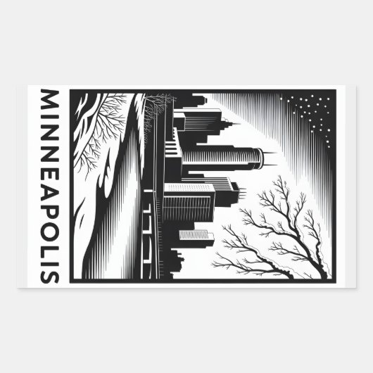 Minneapolis Skyline Black and White Woodcut Winter 長方形シール (正面)