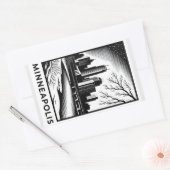 Minneapolis Skyline Black and White Woodcut Winter 長方形シール (封筒)