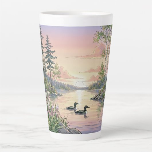 Minnesota Lake Sunset with Loons, Latte Mug カフェラテマグ (正面)
