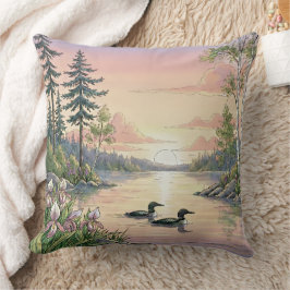 Minnesota Lake Sunset with Loons, Throw Pillow クッション