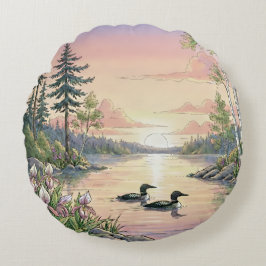 Minnesota Lake Sunset with Loons, Throw Pillow ラウンドクッション