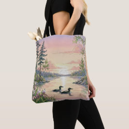 Minnesota Lake Sunset with Loons, Tote Bag トートバッグ
