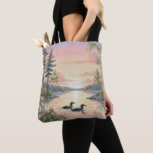 Minnesota Lake Sunset with Loons, Tote Bag トートバッグ (クローズアップ)