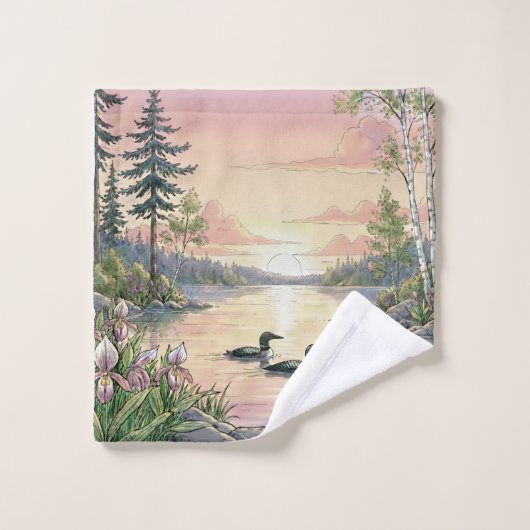 Minnesota Lake Sunset with Loons, Wash Cloth/Towel ウォッシュタオル (ウォッシュタオル)