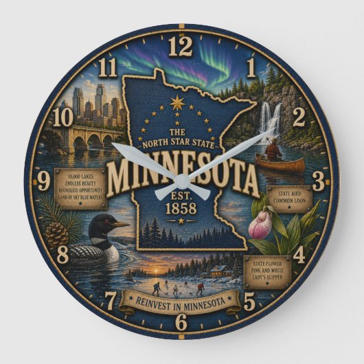 Minnesota State North Star State Lake Wilderness ラージ壁時計 (正面)