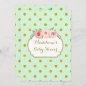Mint金ゴールドドット水彩フローラベビーシャワー 招待状 (正面/裏面)