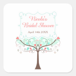 Mint and Coral Floral Bird Bridal Shower  スクエアシール