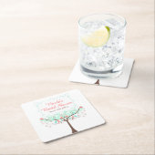 Mint and Coral Floral Bird Bridal Shower スクエアペーパーコースター (インサイチュ)
