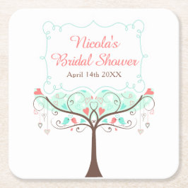 Mint and Coral Floral Bird Bridal Shower  スクエアペーパーコースター