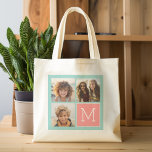 Mint and Coral Photo Collage Custom Monogram トートバッグ<br><div class="desc">Use 3 square photos to create a unique and personal gift. Or you can keep the hipster puppy and make a trendy keepsake. If you need to adjust the pictures,  click on the customize tool to make changes.</div>